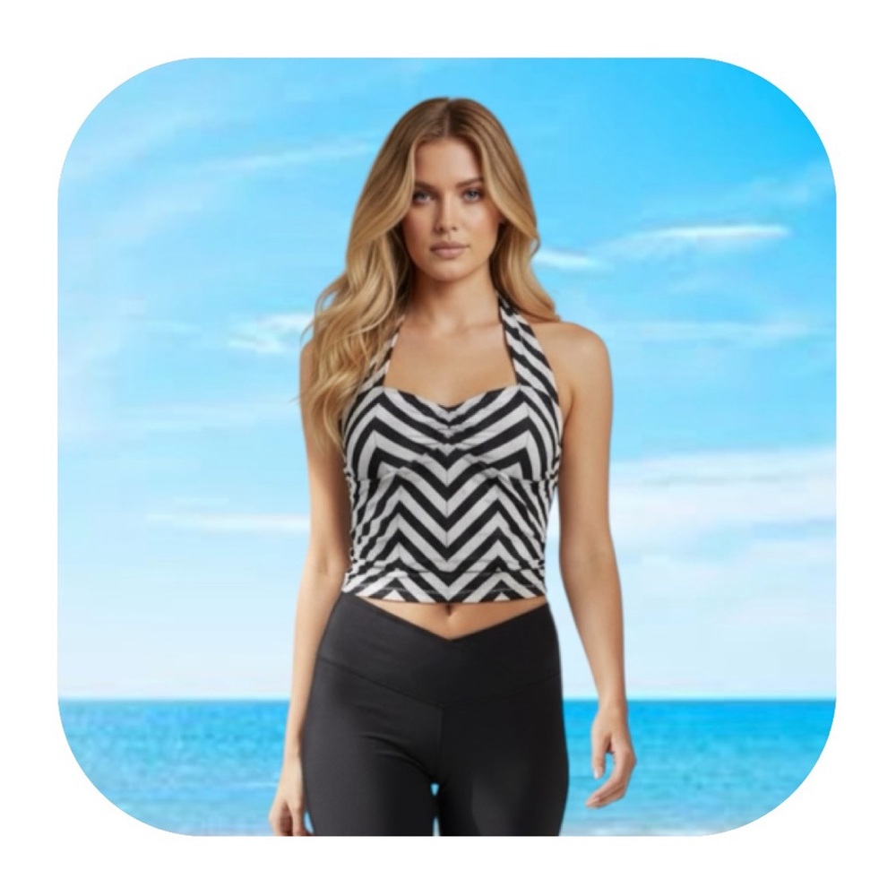 Modbe M retro black cream chevron islander tankini halter top